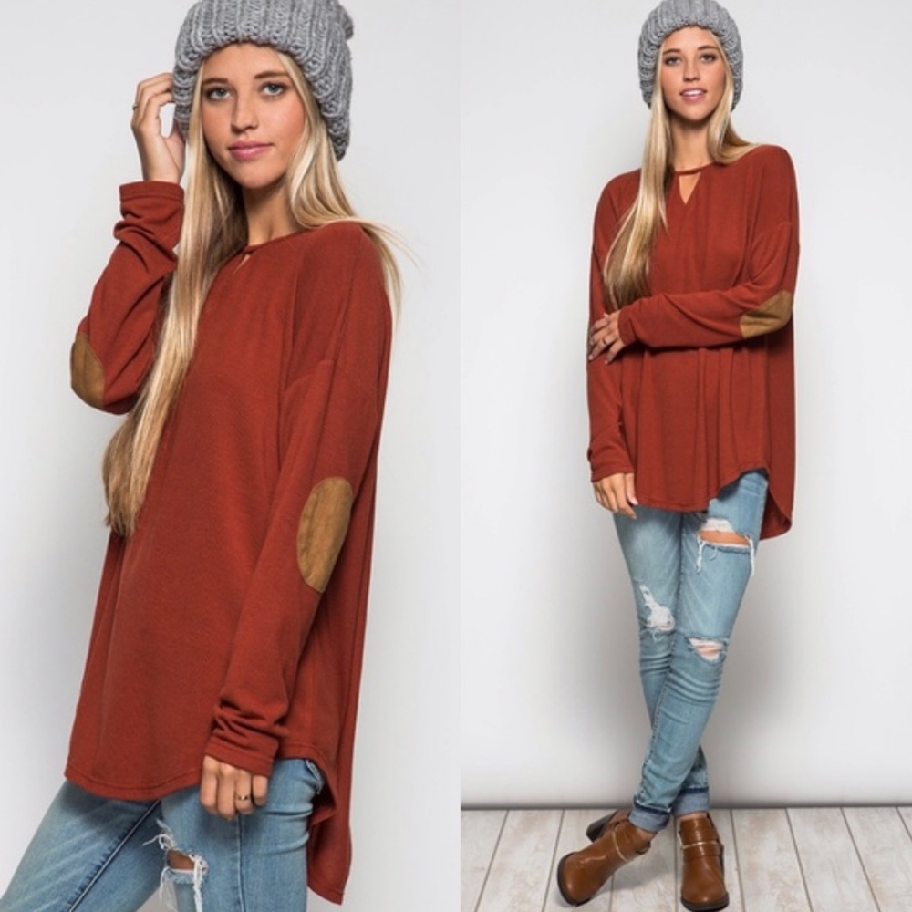 She & Sky lace up back burnt orange rust sweater with elbow patches size medium